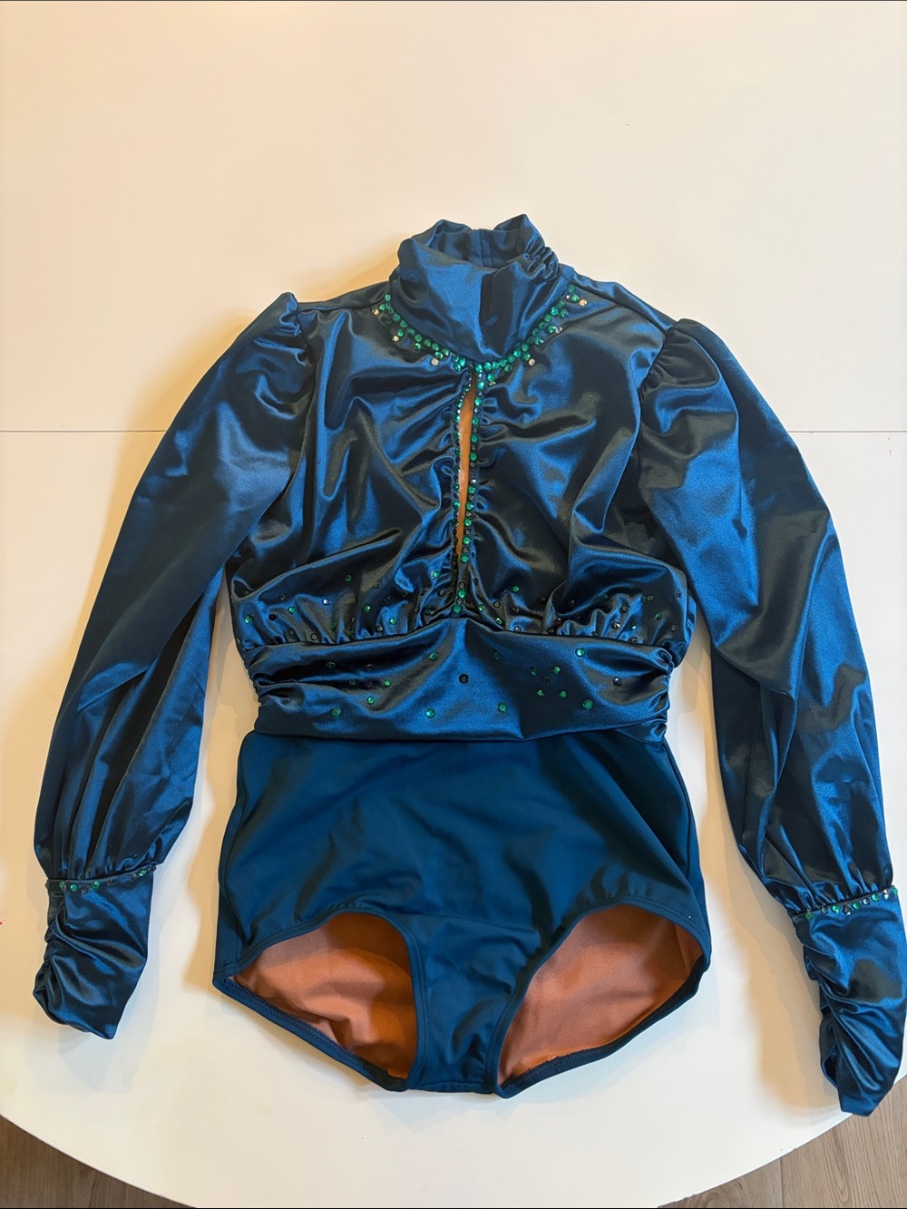 Girls' Shiny Teal Long-Sleeve One-Piece Bodysuit with Bead Trim